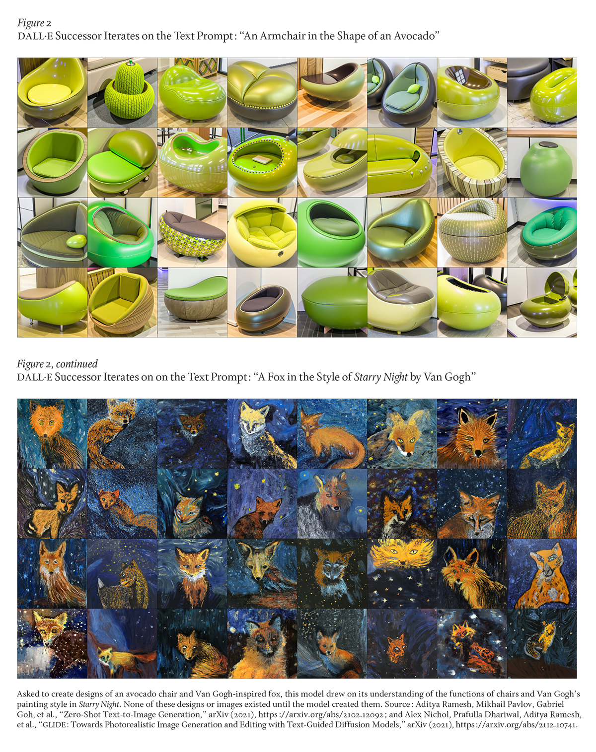 DALL·E Successor Iterates on the Text Prompts: “An Armchair in the Shape of an Avocado” and “A Fox in the Style of Starry Night by Van Gogh”