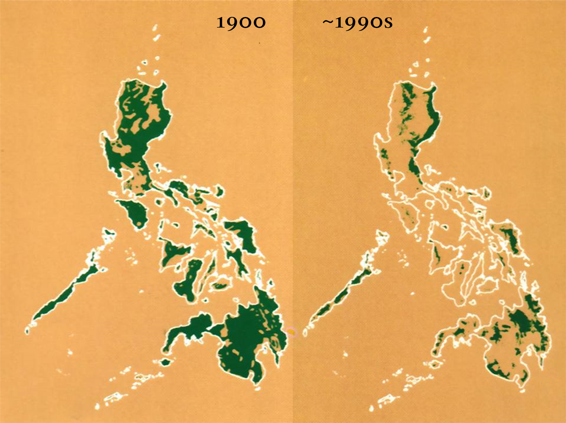Map showing rapid deforestation of old growth forests in the Philippines 