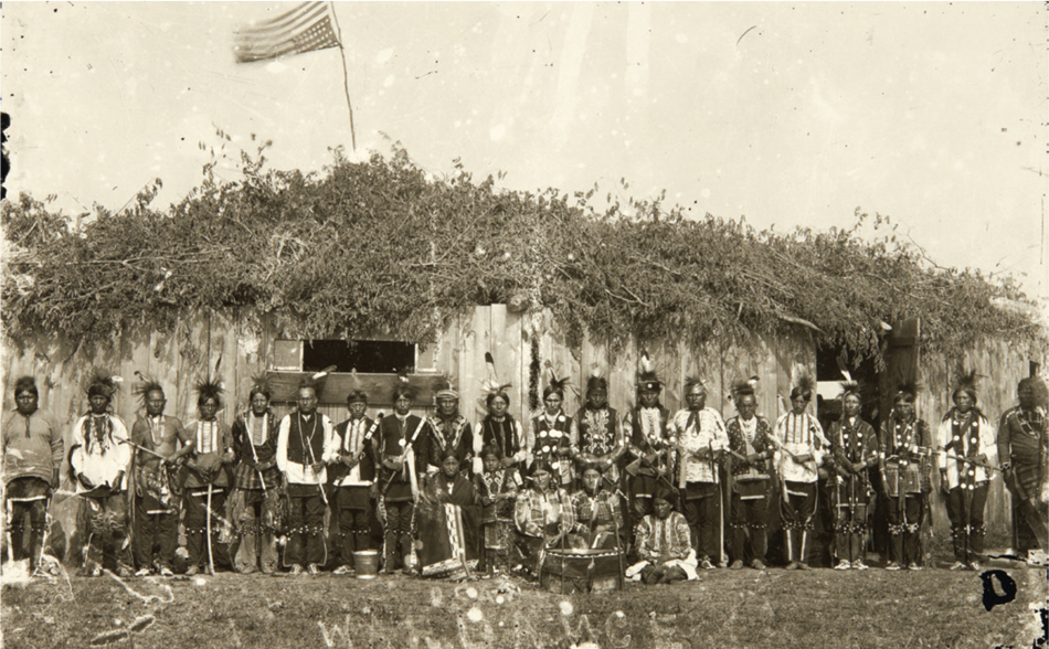 Osage Iloshka Lodge with Inverted American Flag, Pawhuska, Oklahoma Territory, 1890-1895