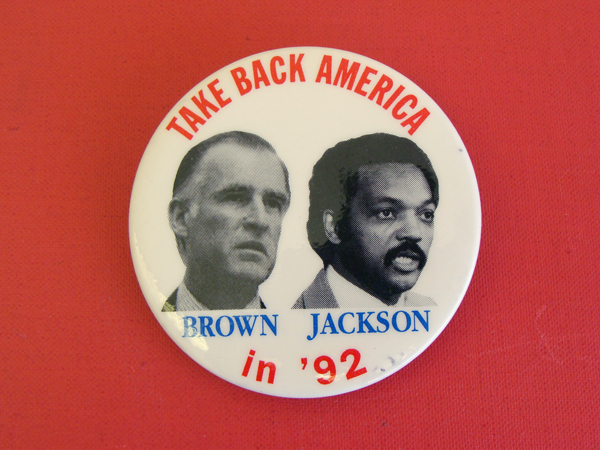 Image of political button of Jerry Brown and Jesse Jackson
