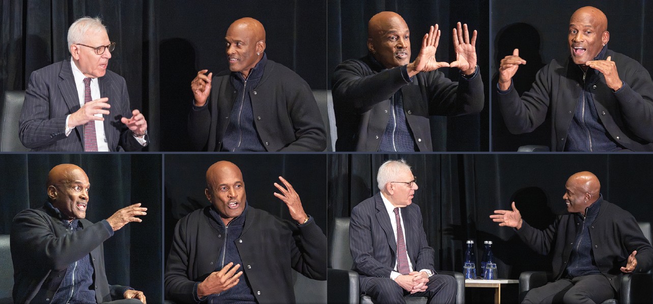 A group of images with David M. Rubenstein, a man with white skin and gray short hair, wearing glasses and a business suit, and Kenny Leon, a man with dark skin and a bald head who is talking animatingly.