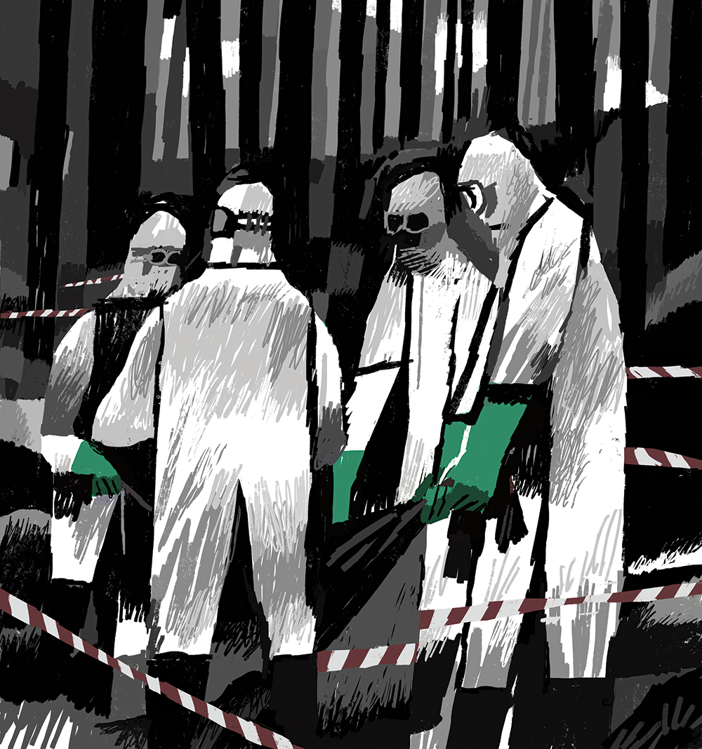 A digital rendering of four people in a forest wearing hazmat suits holding a black bag weighed down with something around to the size of a human body. Caution tape stretches between the trees closest to them, creating a barrier between the figures and the viewer.