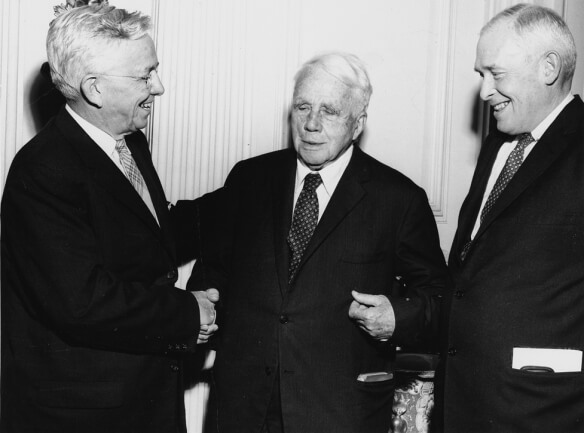 Kirtley F. Mather, President of the Academy (left) and Kenneth B. Murdock, Chair of the Emerson-Thoreau Award Committee (right), present poet Robert Frost with the Academy's first Emerson-Thoreau Award in October 1958