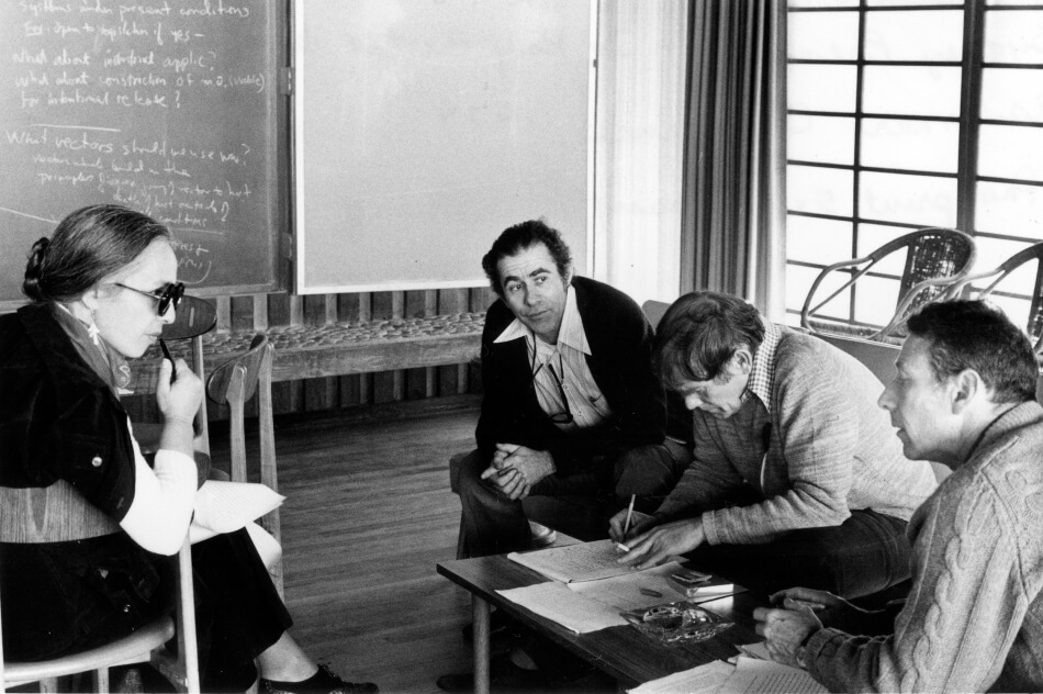 Maxine Singer, Norton Zinder, Sydney Brenner, and Paul Berg (left to right) at the Asilomar Conference on Recombinant DNA, 1975. Image courtesy of the National Library of Medicine.