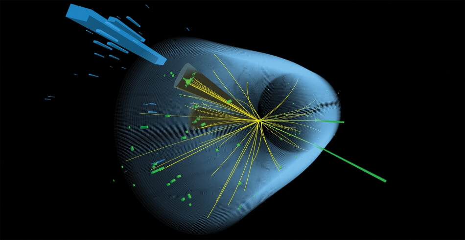 Collision event at the Large Hadron Collider that produced jets of particles that very likely resulted from the decay of a Higgs Boson particle. © 2018 by the European Organization for Nuclear Research, for the benefit of the CMS Collaboration.