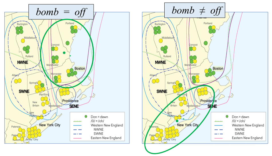Figure 5. Pronunciations of bomb and off in New York and Eastern New England