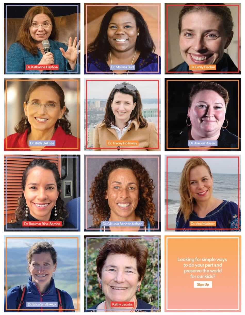 A screenshot from the Science Moms website featuring a grid of eleven portraits, each showing a scientist. Left to right, top to bottom: Dr. Katharine Hayhoe, a woman with pale skin and long straight auburn hair, smiles at the viewer and holds a microphone; Dr. Melissa Burt, a woman with brown skin and long straight black hair, smiles at the viewer; Dr. Emily Fischer, a woman with pale skin and dark hair, smiles at the viewer; Dr. Ruth DeFries, a woman with olive skin and long curly dark hair, smiles at the