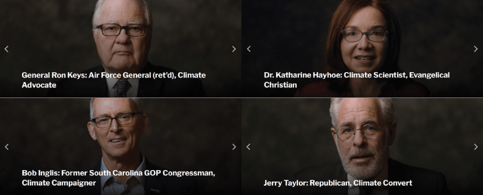 A grid of four photos featuring speakers from New Climate Voices 2022. Left to right, top to bottom: A man with pale skin and white hair wears black plastic glasses and faces the viewer, text on his image reads, “General Ron Keys: Air Force General (ret’d), Climate Advocate;” a woman with pale skin and long straight auburn hair wears brown plastic glasses and faces the viewer, text on her image reads: “Dr. Katharine Hayhoe; Climate Scientist, Evangelical Christian;” A man with pale skin and white hair wears