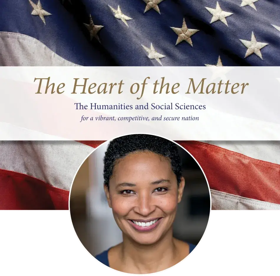 Photo courtesy of Danielle Allen A headshot of Danielle Allen, a woman with brown skin and short curly black hair, as she faces the camera and smiles. Allen wears a blue shirt. Photo courtesy of Danielle Allen. Behind the headshot of Allen, a separate photograph of the cover of “The Heart of the Matter” publication with a close-up of the American flag.