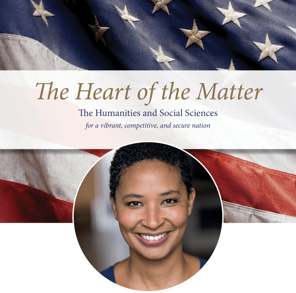 A headshot of Danielle Allen, a woman with brown skin and short curly black  hair, as she faces the camera and smiles. Allen wears a blue shirt. Photo courtesy of Danielle Allen. Behind the headshot of Allen, a separate photograph of the cover of “The Heart of the Matter” publication with a close-up of the American flag. 