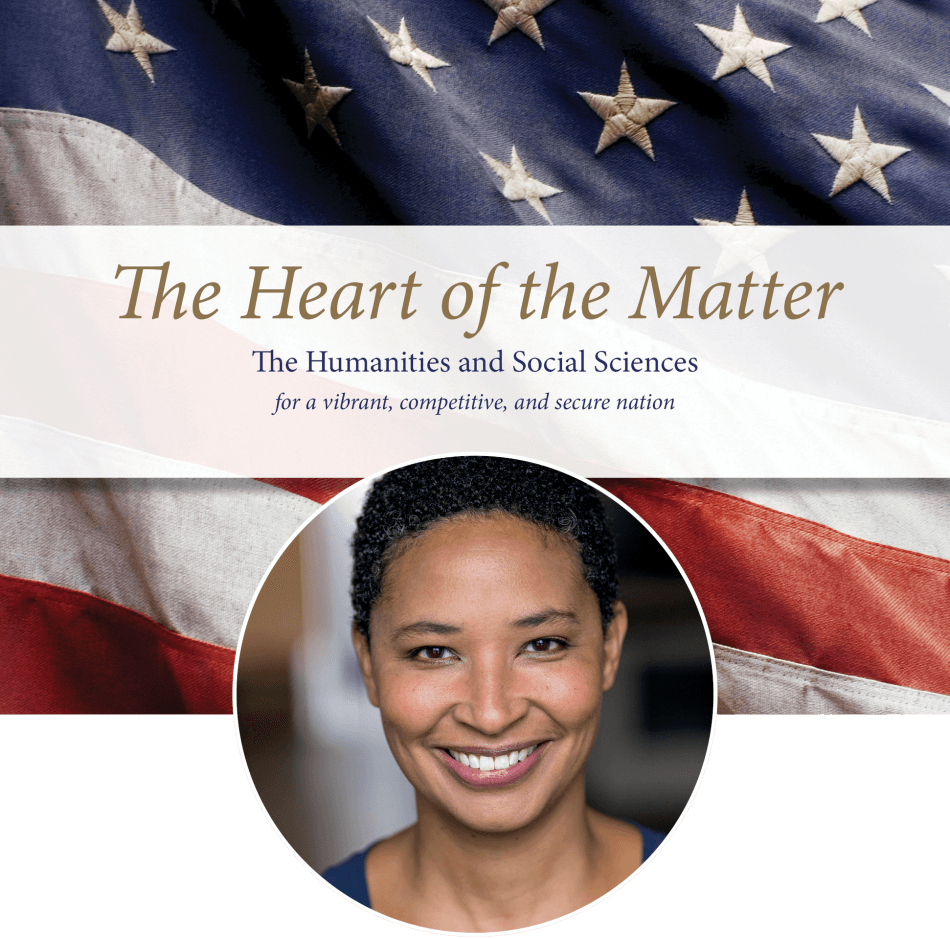 Photo courtesy of Danielle Allen A headshot of Danielle Allen, a woman with brown skin and short curly black hair, as she faces the camera and smiles. Allen wears a blue shirt. Photo courtesy of Danielle Allen. Behind the headshot of Allen, a separate photograph of the cover of “The Heart of the Matter” publication with a close-up of the American flag.
