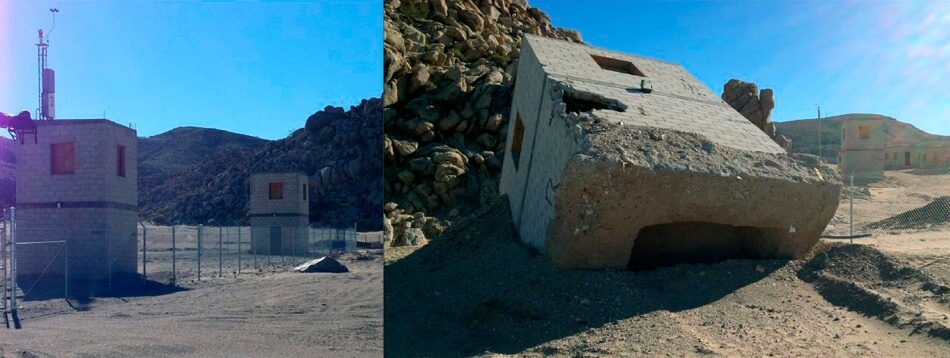 On the left, a photo of two guard towers standing twice as high as the chainlink fence that runs between them. On the right, a photo of a guard tower that’s been upended by flash floods. The foundation of the building is visibly sticking halfway out of the dirt, while the tower is on its side, the other half submerged in mud.