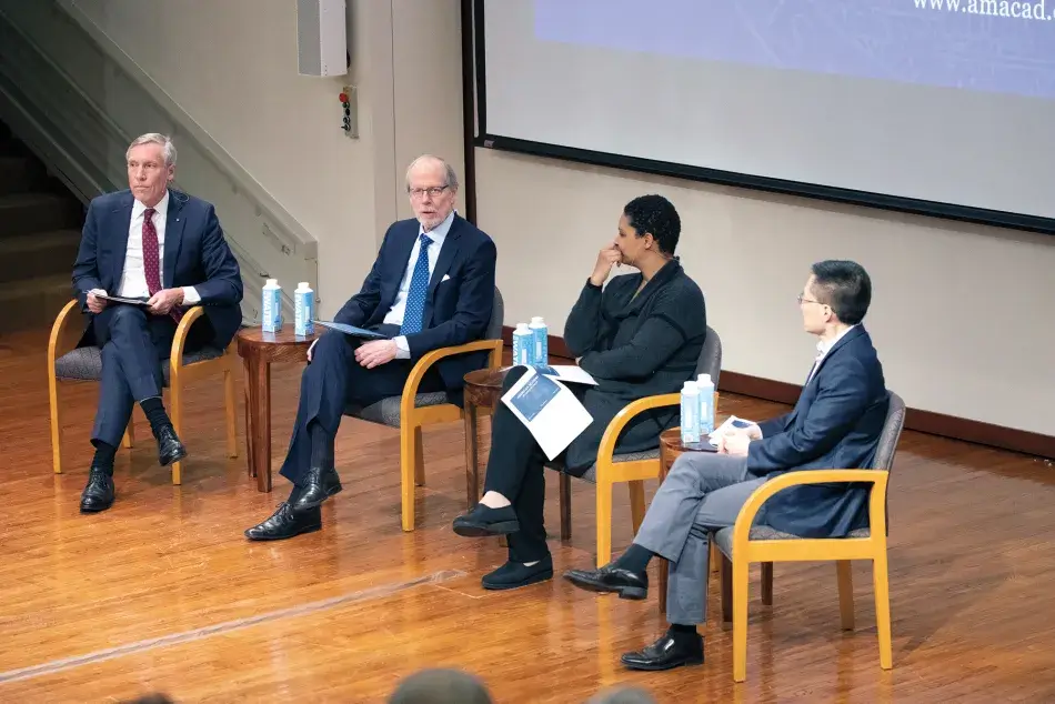 From left to right: Academy President David Oxtoby and Commission Cochairs Stephen Heintz, Danielle Allen, and Eric Liu discuss the Commission’s work during the convening held at the House of the Academy on February 7, 2020.
