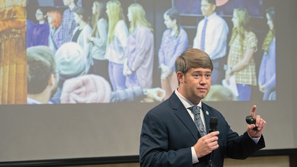 C. Seth Sumner, city manager of Athens, TN, speaks about community engagement in his town during the February 7 convening. 