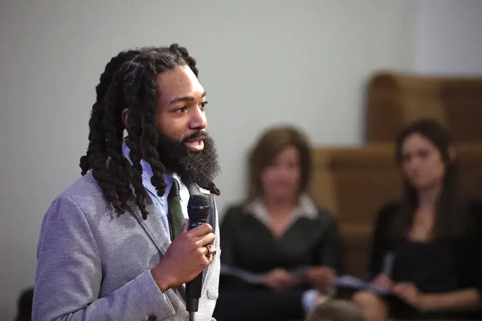 2.7.20 Democratic Citizenship0430.jpg Bradley Christian-Sallis (from Lincoln, NE) describes the work of his organization, Civic Nebraska, to increase civic participation and community engagement.