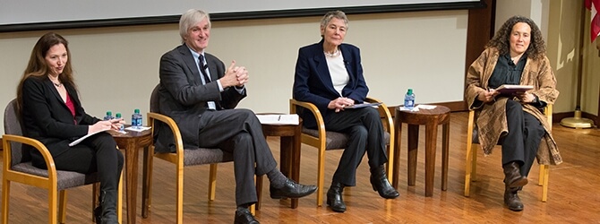 Gabriella Blum, Allen Weiner, Jennifer Leaning, and Neta C. Crawford participate in the Q&A.