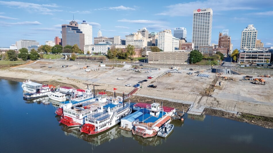 A view of Memphis from the Mississippi River. The water banks show the water levels have dropped drastically.