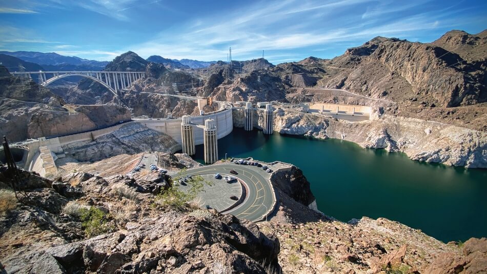 An aerial view of Lake Mead, showing the depleted height of the water levels.