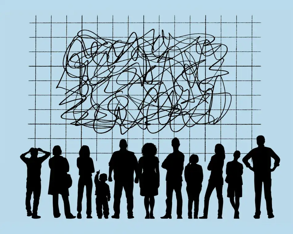 iStock.com/DNY59 Illustration of people standing in front of a graph with squiggly lines. iStock.com/DNY59