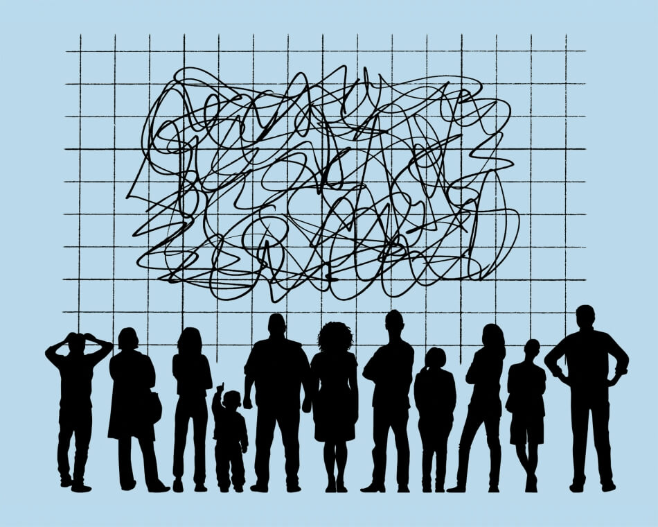 Illustration of people standing in front of a graph with squiggly lines. iStock.com/DNY59