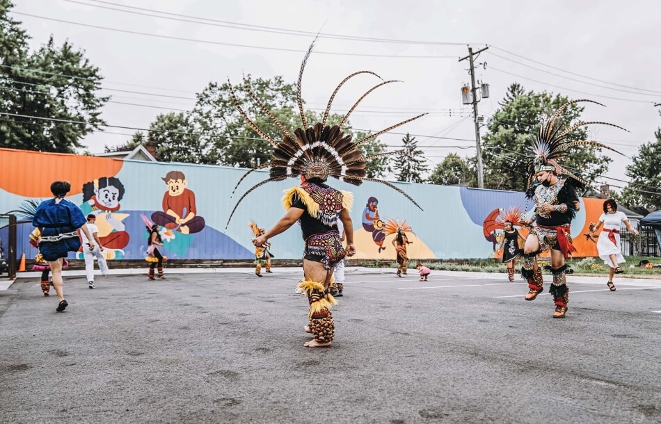 Kalpulli Yaocenoxtli dance during Saturdays at Springboard for the Arts, August 2021. 