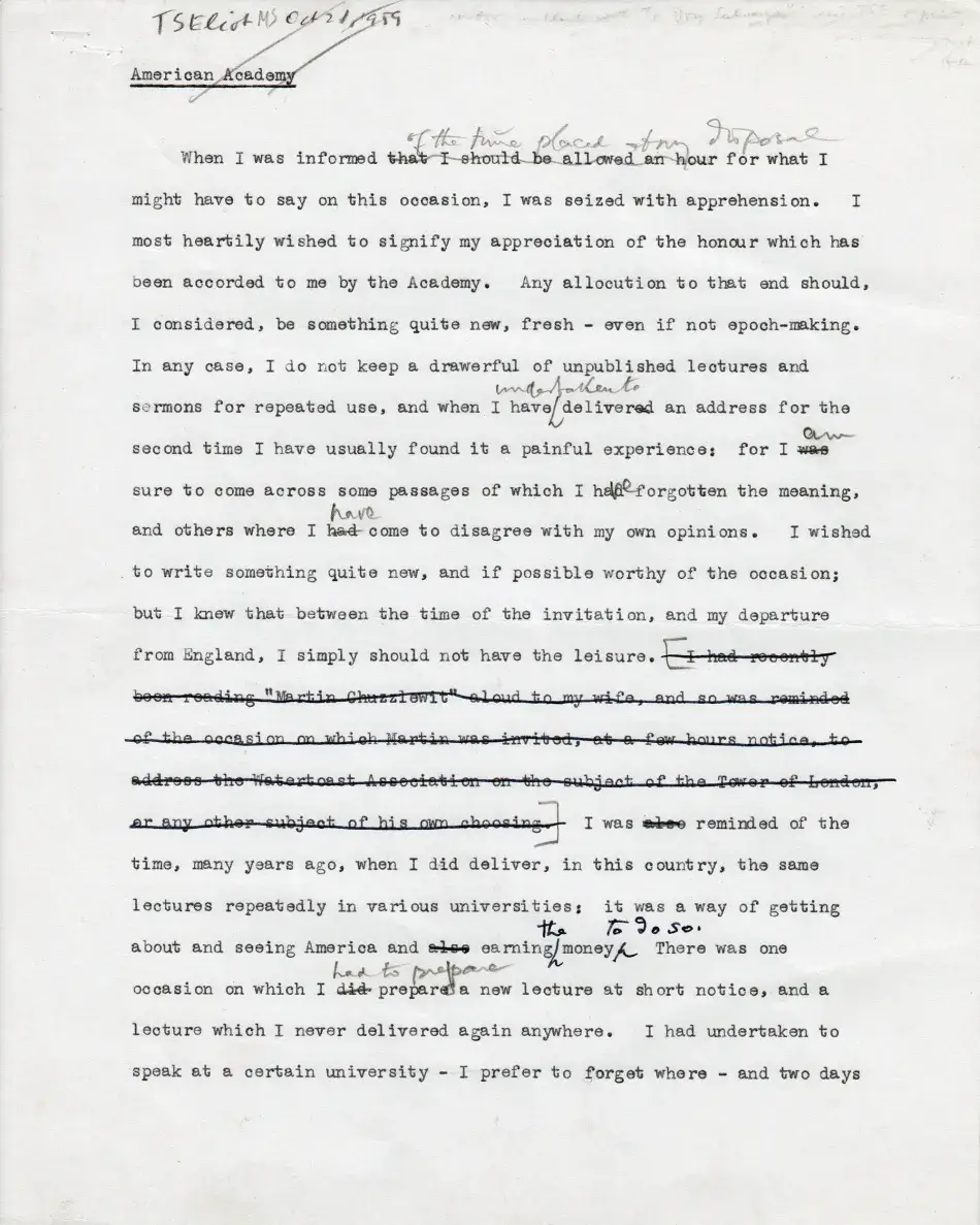 T.S. Eliot’s Emerson-Thoreau Medal acceptance speech, “The Influence of Landscape upon the Poet” Emerson Thoreau Eliot TS 1959 page1