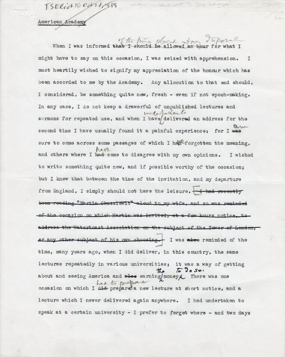 T.S. Eliot’s Emerson-Thoreau Medal acceptance speech, “The Influence of Landscape upon the Poet” Emerson Thoreau Eliot TS 1959 page1