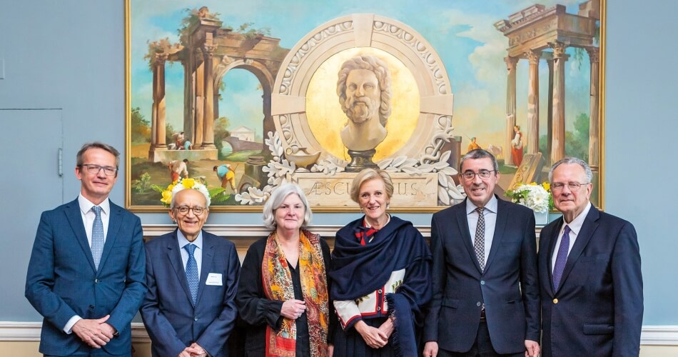 The gathering included (left to right) Luc Sels (KU Leuven), Academy member Rakesh Jain (Harvard Medical School), Chair of the Academy’s Board of Directors Nancy C. Andrews (Boston Children’s Hospital), Her Royal Highness Princess Astrid (Belgium), new Academy member Peter Carmeliet (KU Leuven), and Academy member Michael A. Gimbrone, Jr. (Brigham and Women’s Hospital; Harvard University).