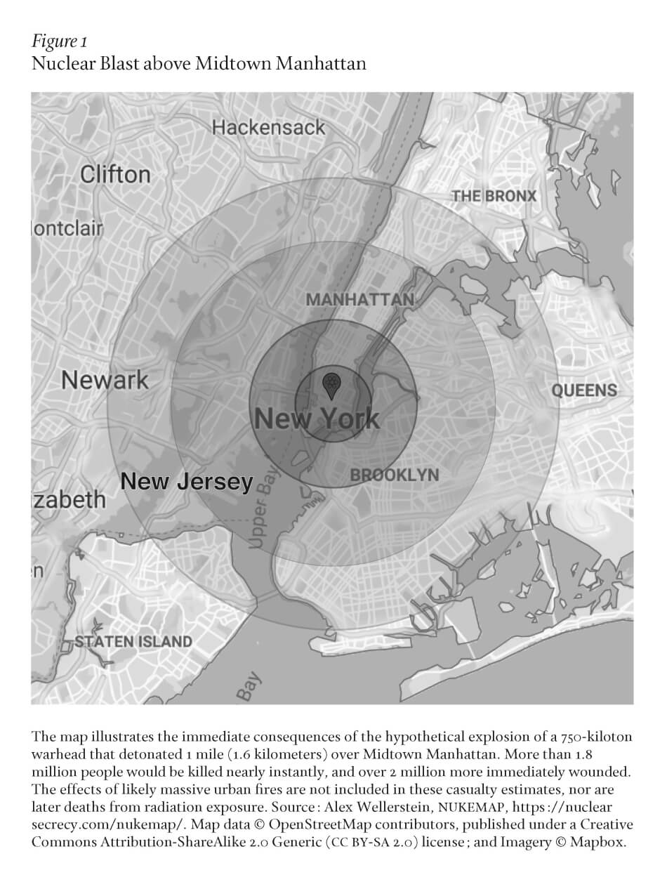 Map showing a possible nuclear blast radius centered on Midtown Manhattan