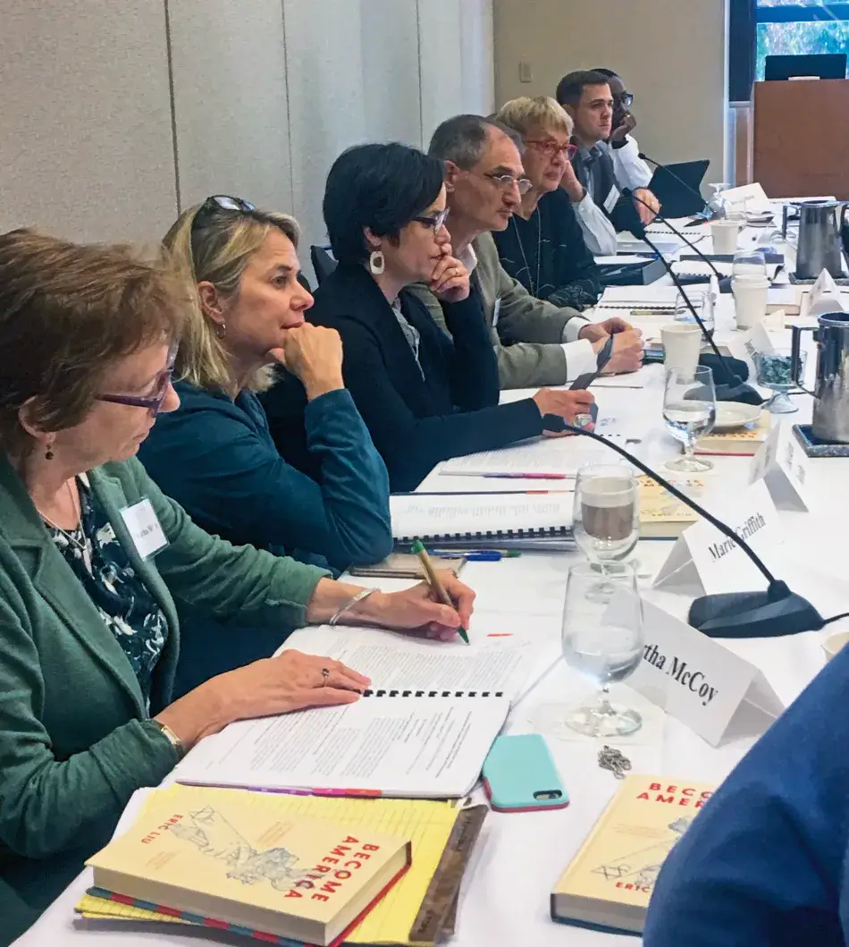 Commission members at the September 16, 2019, meeting. From front to back: Martha McCoy, Marie Griffith, Lisa García Bedolla, Joseph Kahne, David Campbell, and Ben Vinson.