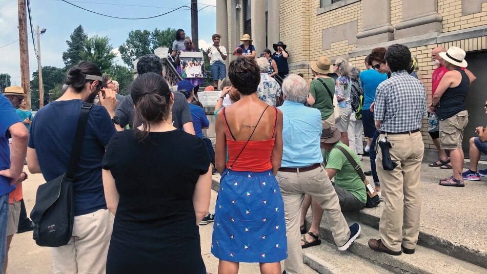Martha Stewart Photography After the removal of two Confederate statues from the Cheapside town square in 2018, the Blue Grass Community Foundation, the Knight Foundation, and Take Back Cheapside organized (Re)Imagining Cheapside Public Storytelling walks to shed light on the full history of the community and promote discussion.