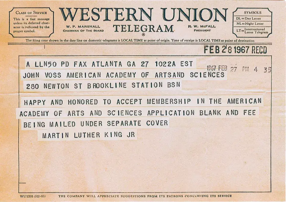 King-MartinLutherJr_1967-1 (1).png Select projects and initiatives supported by Morton Mandel: among the Academy’s archival collections, a telegram from Martin Luther King Jr. accepting his election to the Academy.
