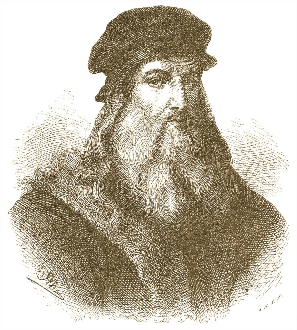 An etching of Leonardo da Vinci in sepia. He has a full beard, wears a hat, and maintains a sidelong look at the viewer. Photo by iStock.com/ZU_09.