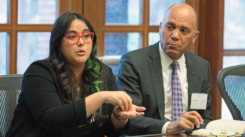 Antonnet Johnson (left), who participated in a listening session in Phoenix, AZ, and Commission member Wallace Jefferson (right) discuss how initiatives like participatory budgeting can foster more responsive political institutions.