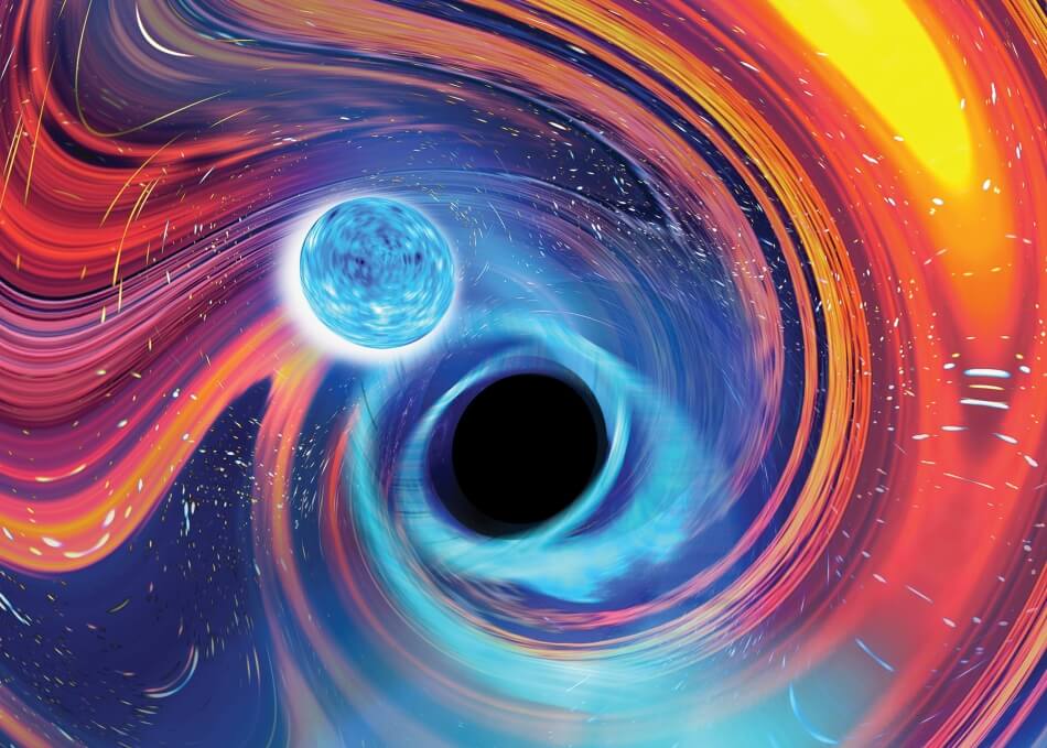 Artwork of a neutron star –black hole merger. 