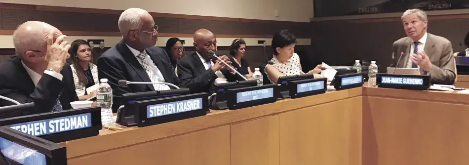 Stephen Krasner, Assistant Secretary-General for Peacekeeping Operations El Ghassim Wane, Assistant Secretary-General for Political Affairs Tayé-Brook Zerihoun, and Under-Secretary-General of Disarmament Affairs Izumi Nakamitsu listen to project contributor Jean-Marie Guéhenno. Stephen Krasner, Assistant Secretary-General for Peacekeeping Operations El Ghassim Wane, Assistant Secretary-General for Political Affairs Tayé-Brook Zerihoun, and Under-Secretary-General of Disarmament Affairs Izumi Nakamitsu listen to project contributor Jean-Marie Guéhenno.