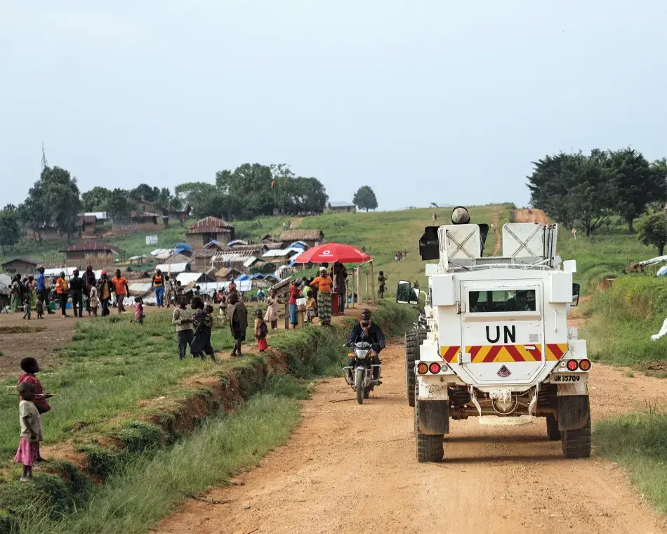 UN Photo/Michael Ali Peacekeepers from South Africa serving with the Force Intervention Brigade of the United Nations Organization Stabilization Mission in the Democratic Republic of the Congo (MONUSCO) conduct patrols in Tchabi to provide Internally Diplaced Persons (IDP) with protection against armed attacks. UN Photo/Michael Ali
