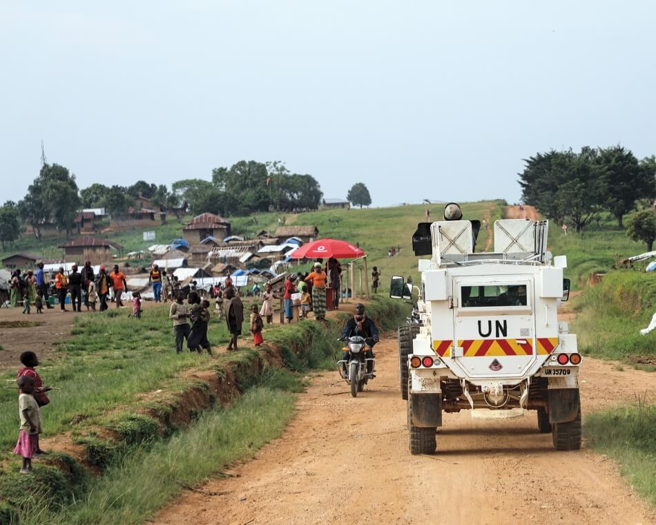 UN Photo/Michael Ali Peacekeepers from South Africa serving with the Force Intervention Brigade of the United Nations Organization Stabilization Mission in the Democratic Republic of the Congo (MONUSCO) conduct patrols in Tchabi to provide Internally Diplaced Persons (IDP) with protection against armed attacks. UN Photo/Michael Ali