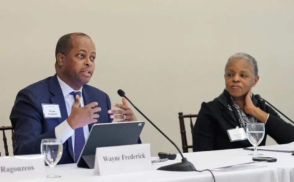 _DSF6461.jpg Wayne Frederick (Howard University) and Jaqueline Looney (Duke University) describe the challenges of and strategies for addressing mental health issues at residential colleges and universities.