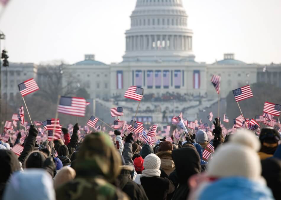The inauguration of President Barack Obama, January 20th 2009. Unrecognizable crowds in the Washington Mall. 