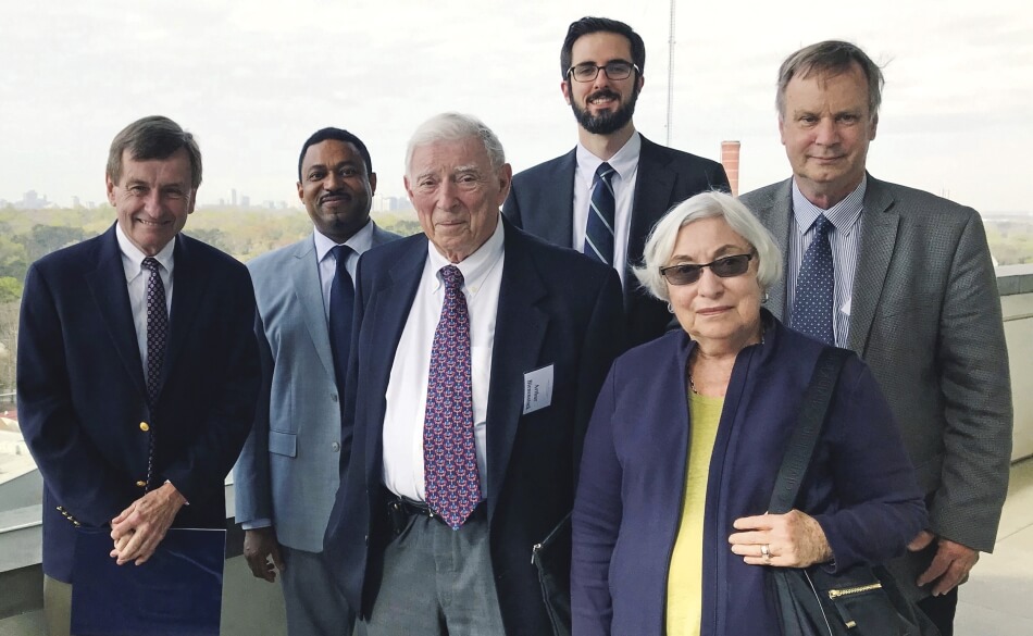 James W. Curran with project cochairs Arthur Bienenstock and Peter Michelson, Roslyn Bienenstock, and project staff Rainer Assé and Gregory Savageau.