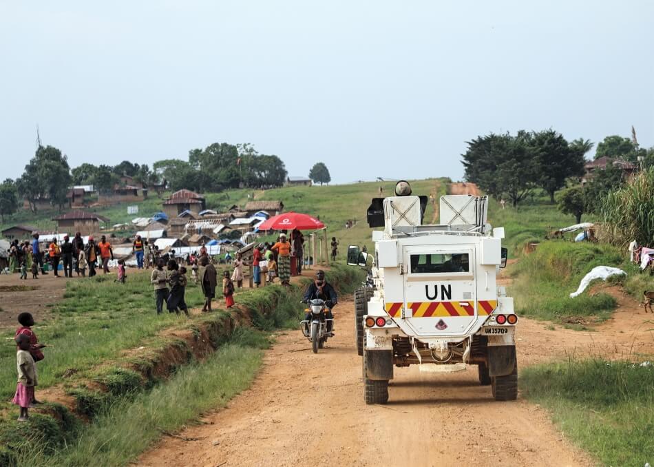 UN Photo/Michael Ali Peacekeepers from South Africa serving with the Force Intervention Brigade of the United Nations Organization Stabilization Mission in the Democratic Republic of the Congo (MONUSCO) conduct patrols in Tchabi to provide Internally Diplaced Persons (IDP) with protection against armed attacks.