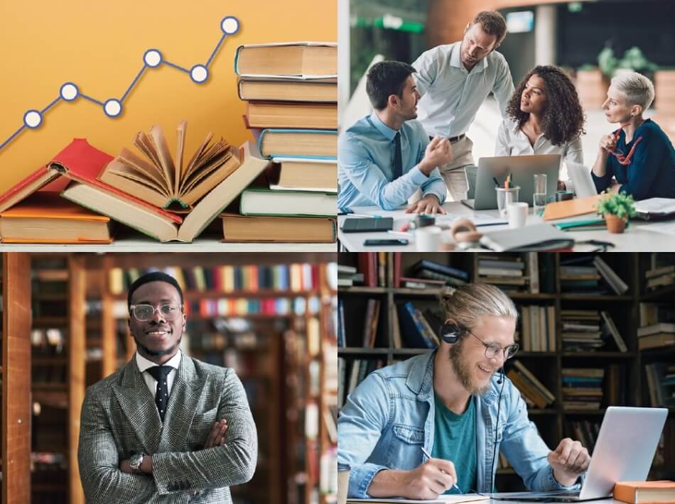 Clockwise from top left: Pile of books with a line graph over them; Multi-ethnic group of entrepreneurs discussing business; African American male in a library; Young man with headphones on sitting in a library doing work on a laptop