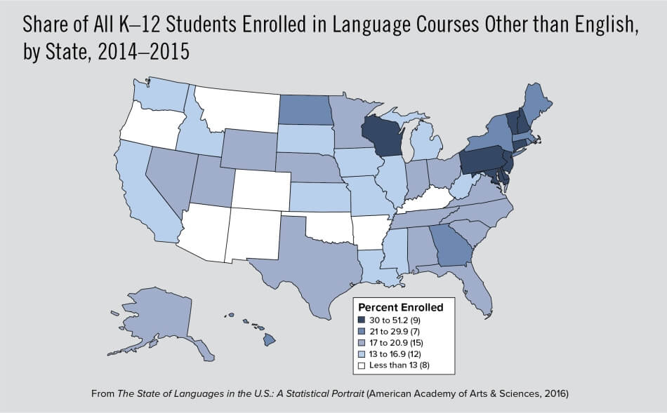 Share of All K–12 Students Enrolled in Language Courses Other than English, by State, 2014–2015 Share of All K–12 Students Enrolled in Language Courses Other than English, by State, 2014–2015