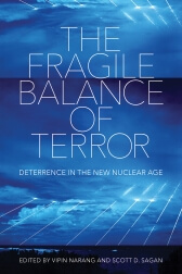 White text on a blue background for the book cover of The Fragile Balance of Terror: Deterrence in the New Nuclear Age.