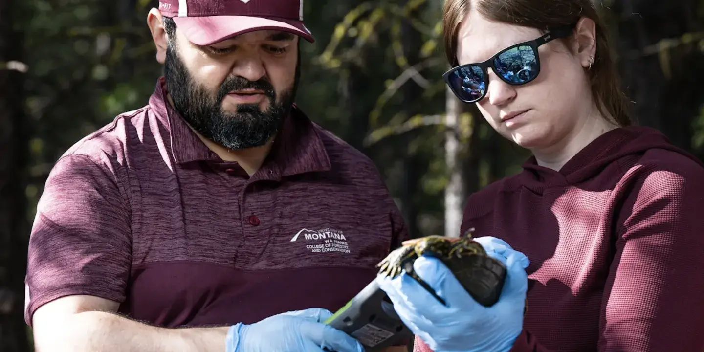 A man and a young woman holding a turtle 