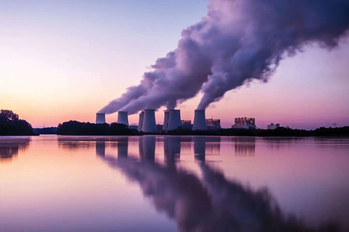 A photo of five smock stacks with billowing smoke in the foreground of a lake