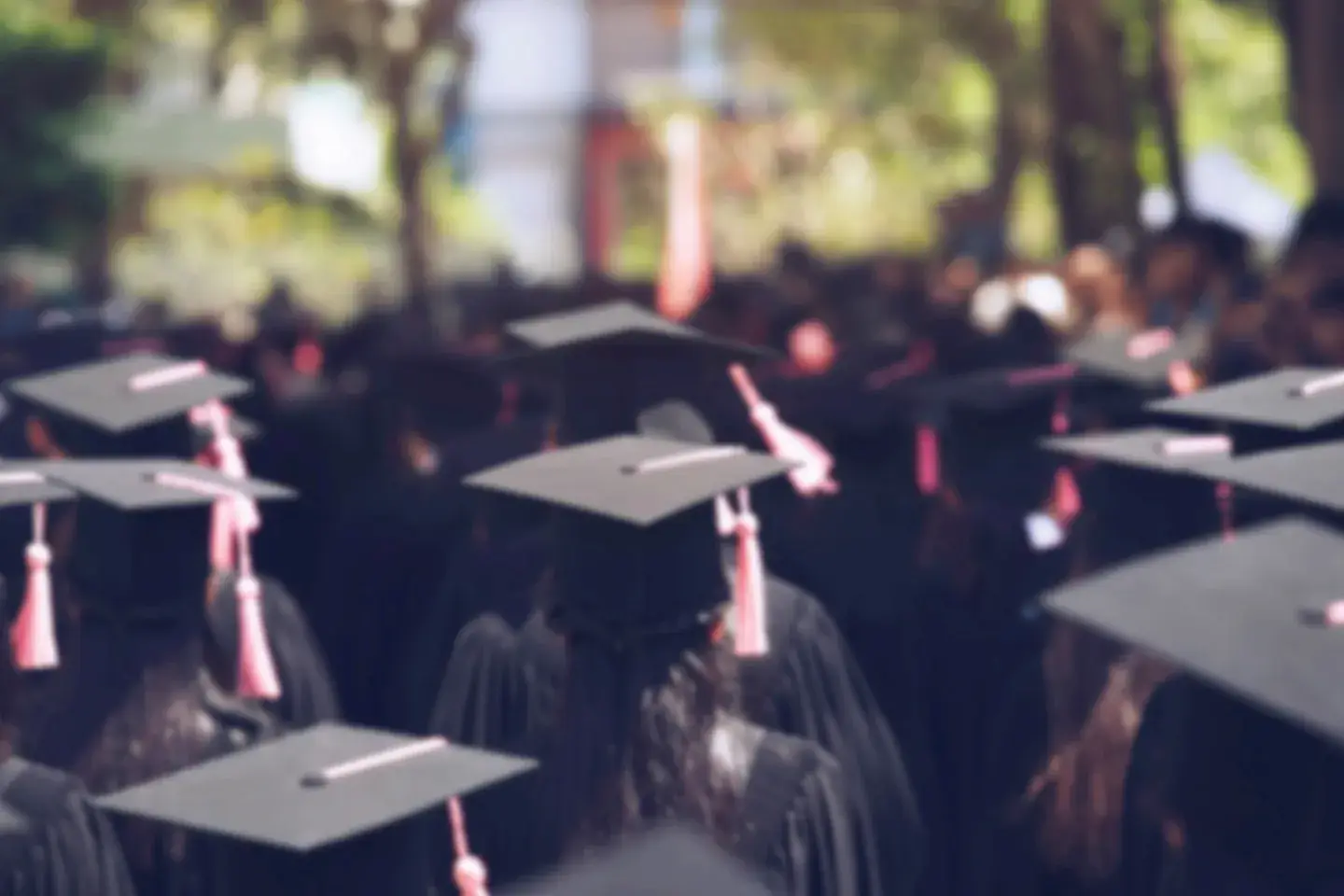 A sea of students all wearing black graduation caps and gowns