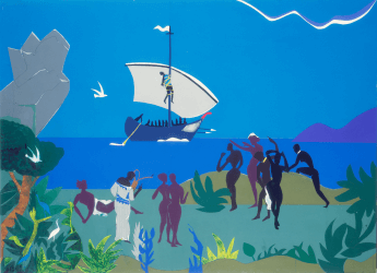 Painting of ship leaving shore with man tied to mast