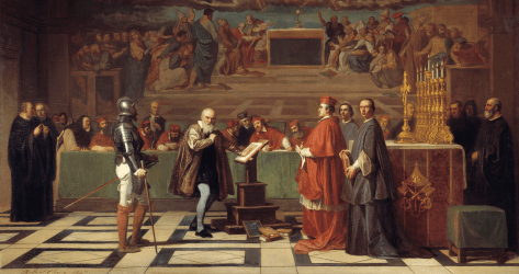 Oil painting by Joseph-Nicolas Robert-Fleury of Galileo testifying before the Holy Office